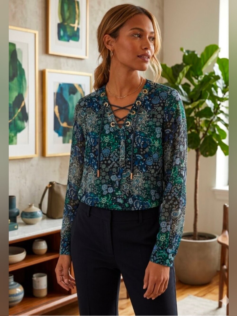 Michael Kors Lace Front V Neck Long Sleeve Blouse Blue Green Size Small